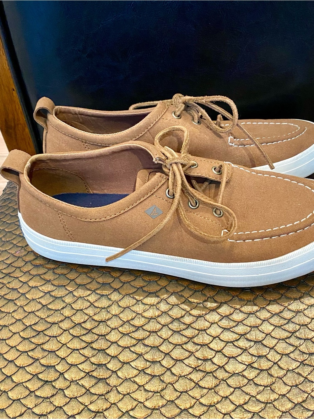 Sperry Men's Tan Suede Boat Shoes with White Sole
